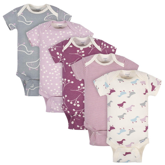Grow by Gerber Baby Girls 5-Pack Short-Sleeve Onesies Bodysuits, Grey/Pink/Ivory, 12 Months