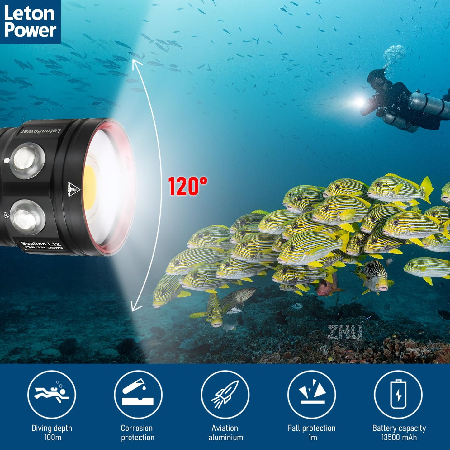LetonPower Diving Flashlight, L12 8000Lumens Dive Light,100m Underwater Video Light, Scuba Dive Lights, Underwater Flashlight with Type-C Charging for Professional Under Water Sports