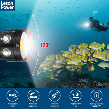 LetonPower Diving Flashlight, L12 8000Lumens Dive Light,100m Underwater Video Light, Scuba Dive Lights, Underwater Flashlight with Type-C Charging for Professional Under Water Sports