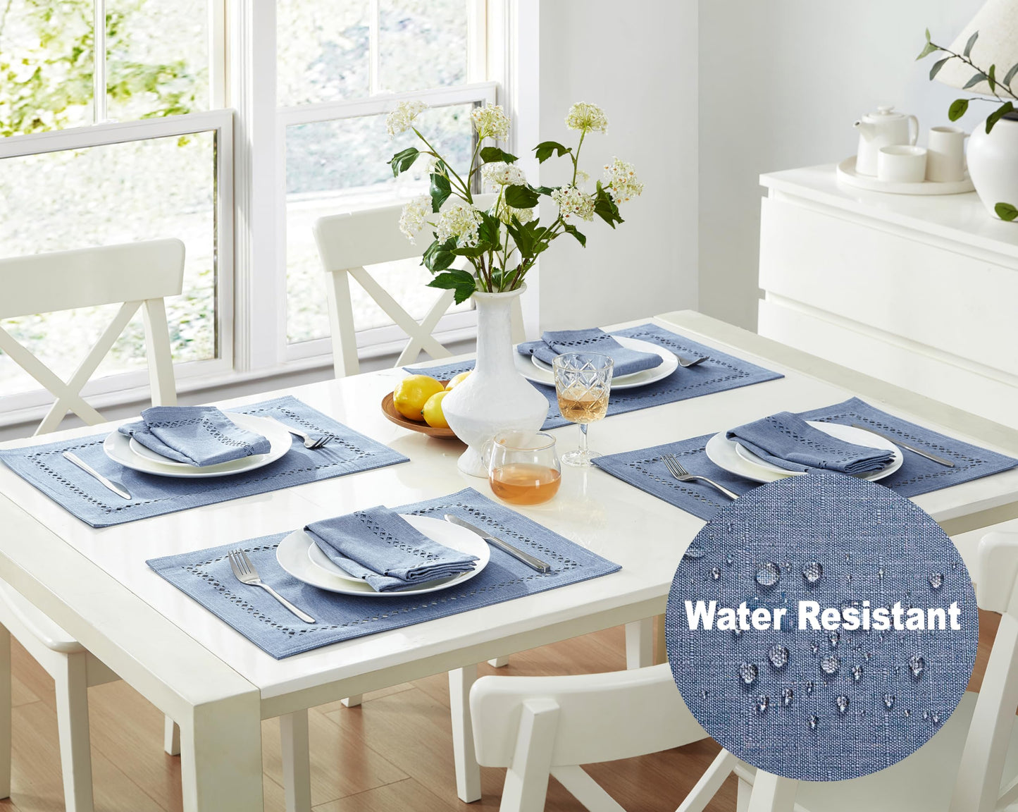 Newbridge Rectangle Fabric Placemats, Set of 4 Placemats, Provence Lattice Cutwork Solid Color Textured, Water and Stain Resistant Easy Care, Wedgewood Blue