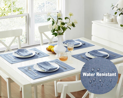 Newbridge Rectangle Fabric Placemats, Set of 4 Placemats, Provence Lattice Cutwork Solid Color Textured, Water and Stain Resistant Easy Care, Wedgewood Blue