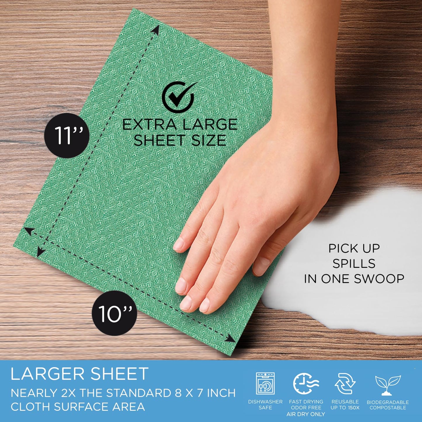LOLA Wowables XL Swedish Dishcloths, 30 Reusable Eco Cleaning Cloths, 11" x 10", Ultra Absorbent Cellulose Sponge Towel, Compostable, Made in Germany