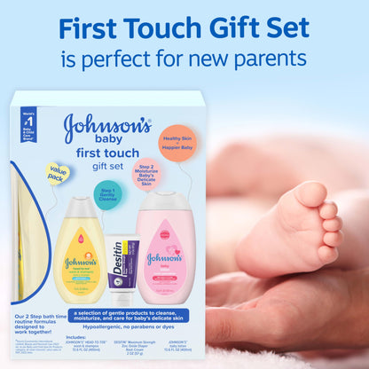 Johnson's First Touch Baby Gift Set, Baby Bath, Skin & Hair Essential Products, Kit for New Parents with Wash & Shampoo, Lotion, & Diaper Rash Cream, Hypoallergenic & Paraben-Free, 4 items