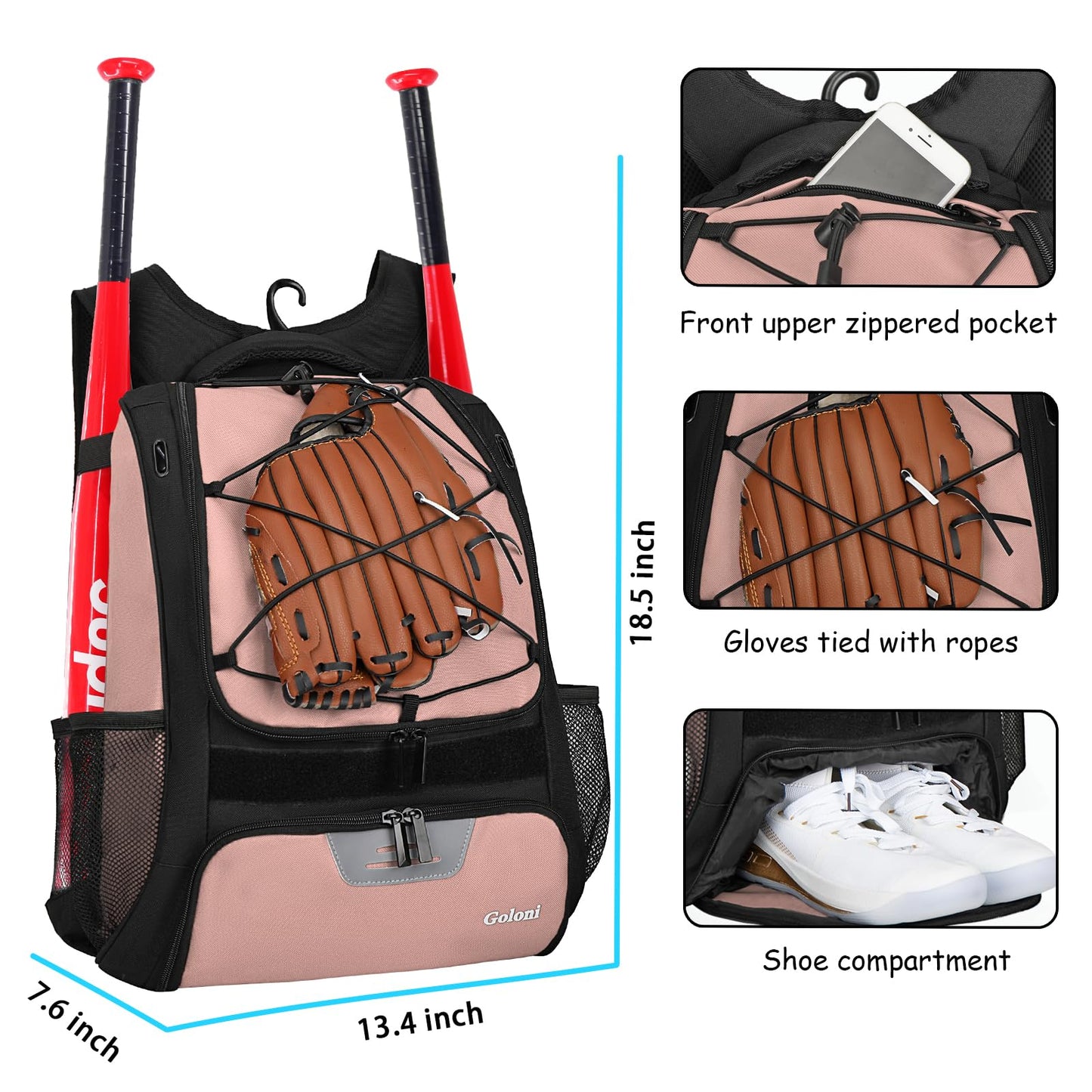 Goloni Baseball Bag,Backpack for Baseball, T-Ball & Softball Equipment & Gear,Softball Bag with Shoe Compartment,Fence Hook
