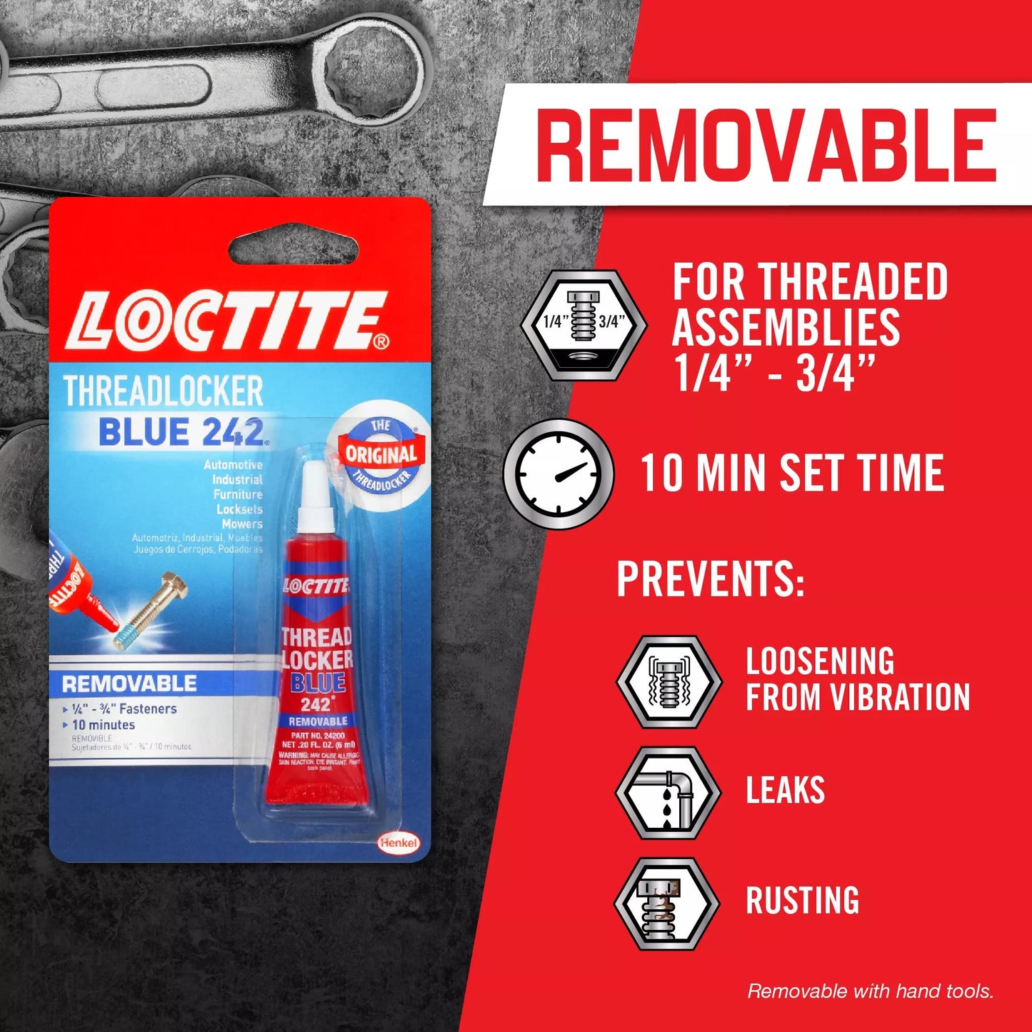 Loctite Threadlocker Blue 242 - Removable Thread Lock Glue for Nuts, Bolts, & Fasteners, Medium Strength Screw Glue to Prevent Loosening & Corrosion - 6 ml, 1 Pack