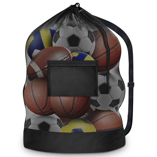 Extra Large Sports Ball Bag, Mesh Soccer Team Balls Bag, Drawstring Sport Equipment Storage Bag for Basketball, Beach Cloth and Swimming Gears with Adjustable Shoulder Strap & Front Pocket(30” x 40”)