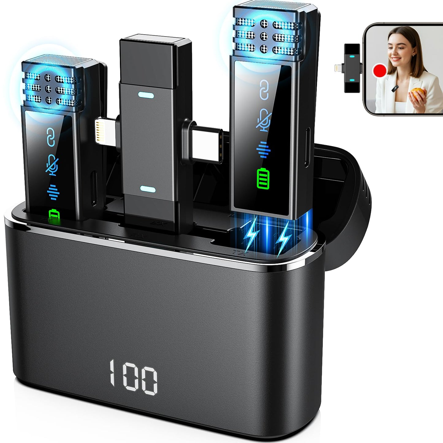 2 Pack Wireless Lavalier Microphone for iPhone iPad Android, Active Noise Reduction Mini Microphone with Charging Case 7H Clip On Microphones for Interview, Recording, Vlogging, Live Streaming, 80ft