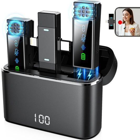 2 Pack Wireless Lavalier Microphone for iPhone iPad Android, Active Noise Reduction Mini Microphone with Charging Case 7H Clip On Microphones for Interview, Recording, Vlogging, Live Streaming, 80ft