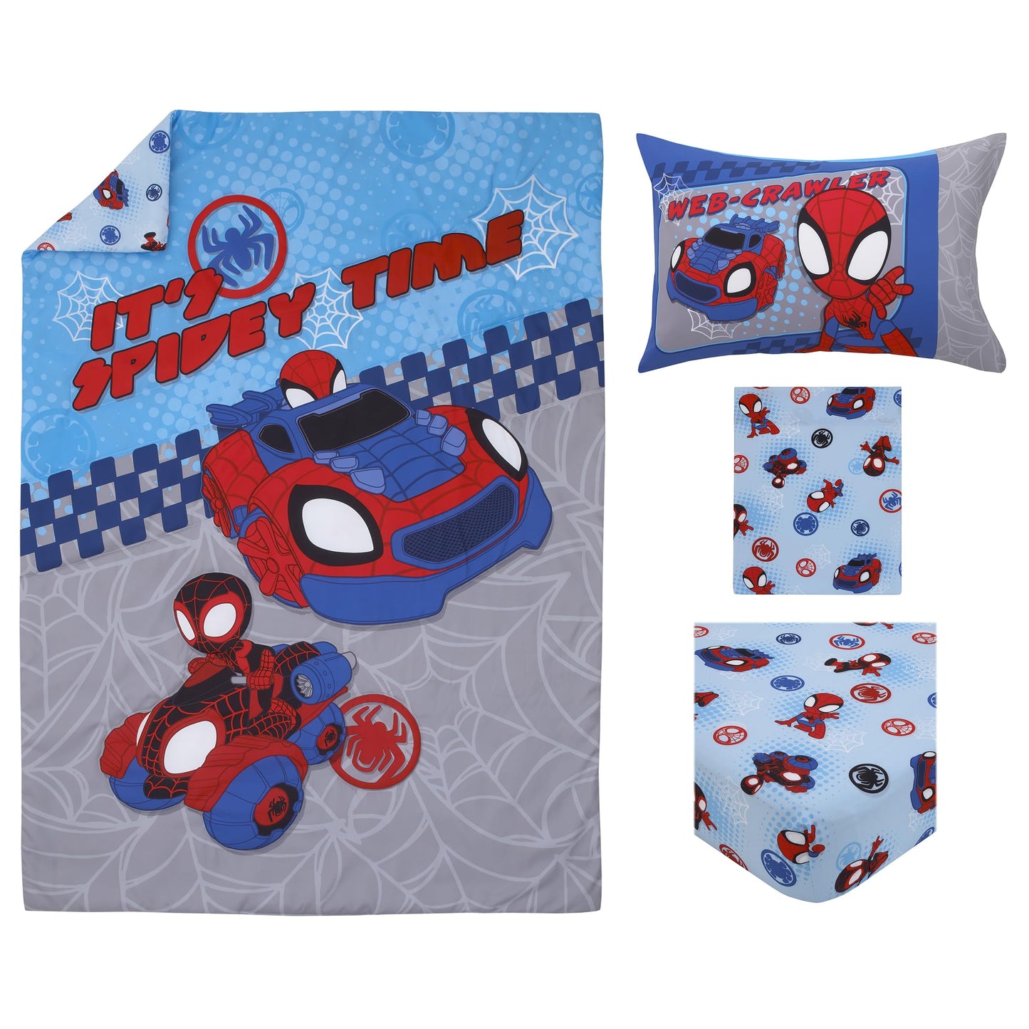 NoJo Marvel Spiderman Spidey and his Amazing Friends Spidey Time Red, Blue, and Grey 4 Piece Toddler Bed Set - Comforter, Fitted Bottom Sheet, Flat Top Sheet, and Reversible Pillowcase