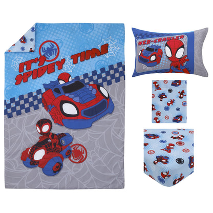 NoJo Marvel Spiderman Spidey and his Amazing Friends Spidey Time Red, Blue, and Grey 4 Piece Toddler Bed Set - Comforter, Fitted Bottom Sheet, Flat Top Sheet, and Reversible Pillowcase