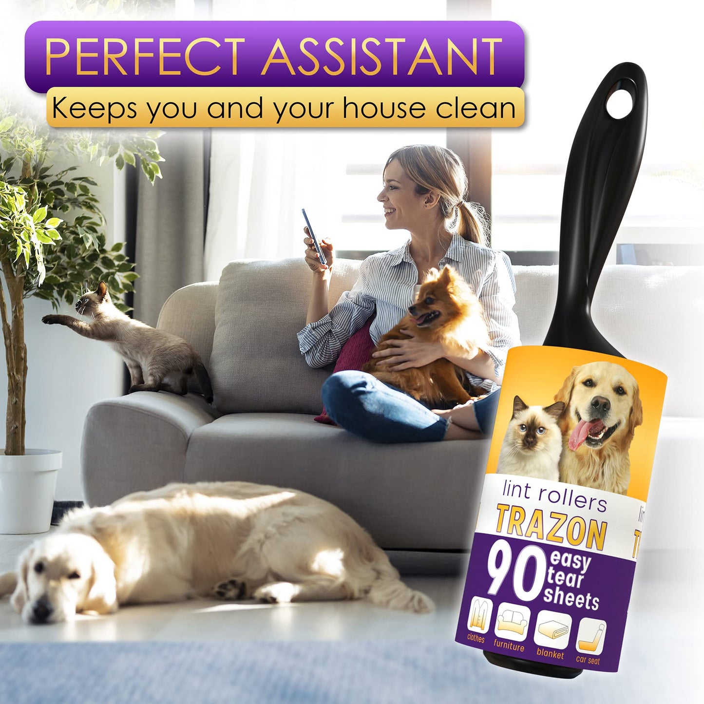 Lint Rollers Pet Hair Value Pack of 450 Sheets / 5 Refills, Sticky Roller Pet Hair, Lint Remover Dog Hair, Cat Hair, Fuzz, Animal Fur, Large Lint Removal Roller Clothe, Couch, Furniture. Stick Roller