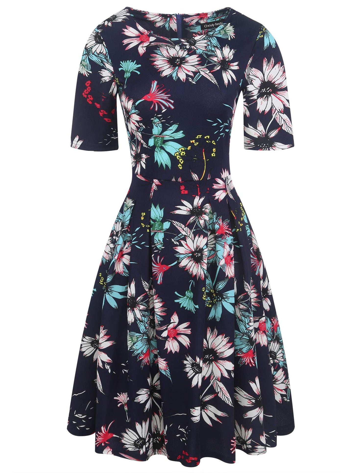 oxiuly Womens Half Sleeve Elegant Vintage Dress Casual Fit and Flare Church Wedding Guest Work Dresses with Pockets OX165 (Navy Blue F, m)