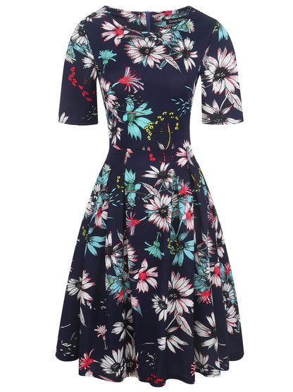 oxiuly Womens Half Sleeve Elegant Vintage Dress Casual Fit and Flare Church Wedding Guest Work Dresses with Pockets OX165 (Navy Blue F, m)