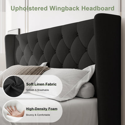 Feonase Queen Bed Frame with Upholstered Wingback Headboard, Platform Bed and Heavy Duty Wooden Slats Support, Easy Assembly, Noise-Free, No Box Spring Needed, Black