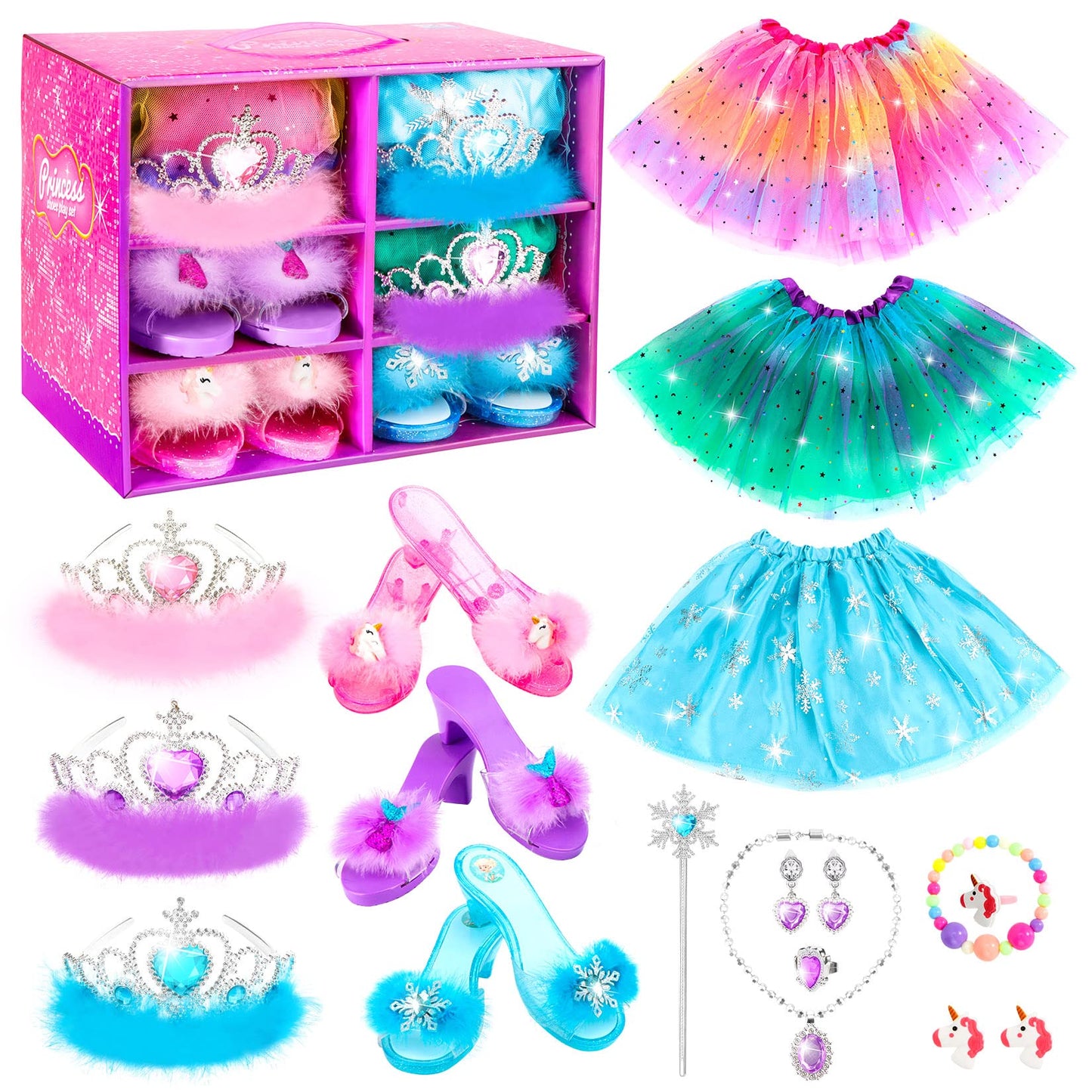Princess Dress Up Shoes Set, Girls Dress Up Toys Toddler Jewelry Boutique Kit, 3 Themes of Unicorn Mermaid Ice Princess Costumes Set, Pretend Play Gifts for Little Girls Aged 3-6 Years Old