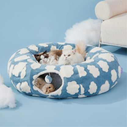 Lesure Large Cat Tunnel Bed - Cute Donut Bed for Indoor Cats with Washable Circle Cushion, Round Pet Peekaboo Cave Toy for Multi Kitten/Puppy/Rabbit, Large Blue