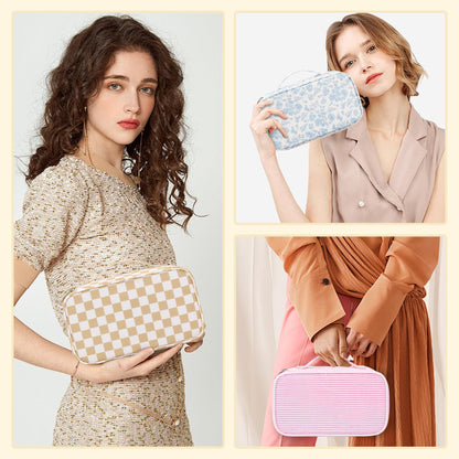 Relavel Travel Makeup Bag with Brush Holder, Dual-Layer Small Cosmetic Organizer, Portable Toiletry Bag for Accessories Storage, Cute Make Up Bag for Gift, Trip, Camp, Daily Use - Plaid