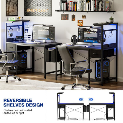 Grandder Gaming Desk 40 Inch with Power Outlet and LED Light, Computer Desk with Reversible Shelves and Storage Drawer, Pc Small Desk for Home Office Table with Bag, Carbon Fiber Black