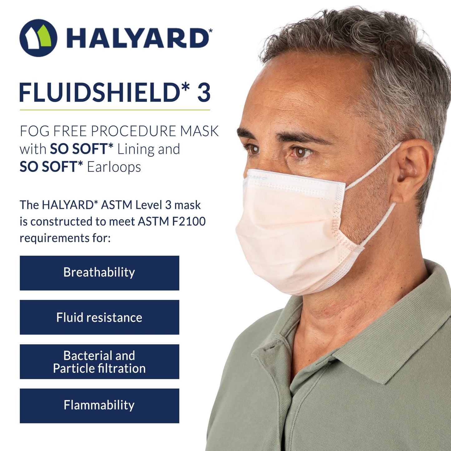 HALYARD FLUIDSHIELD 3 Disposable Procedure Mask w/SO Soft Lining and SO Soft Earloops, Pleat-Style, Orange, Level 3, 47107 (Box of 40)