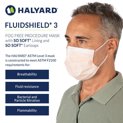 HALYARD FLUIDSHIELD 3 Disposable Procedure Mask w/SO Soft Lining and SO Soft Earloops, Pleat-Style, Orange, Level 3, 47107 (Box of 40)