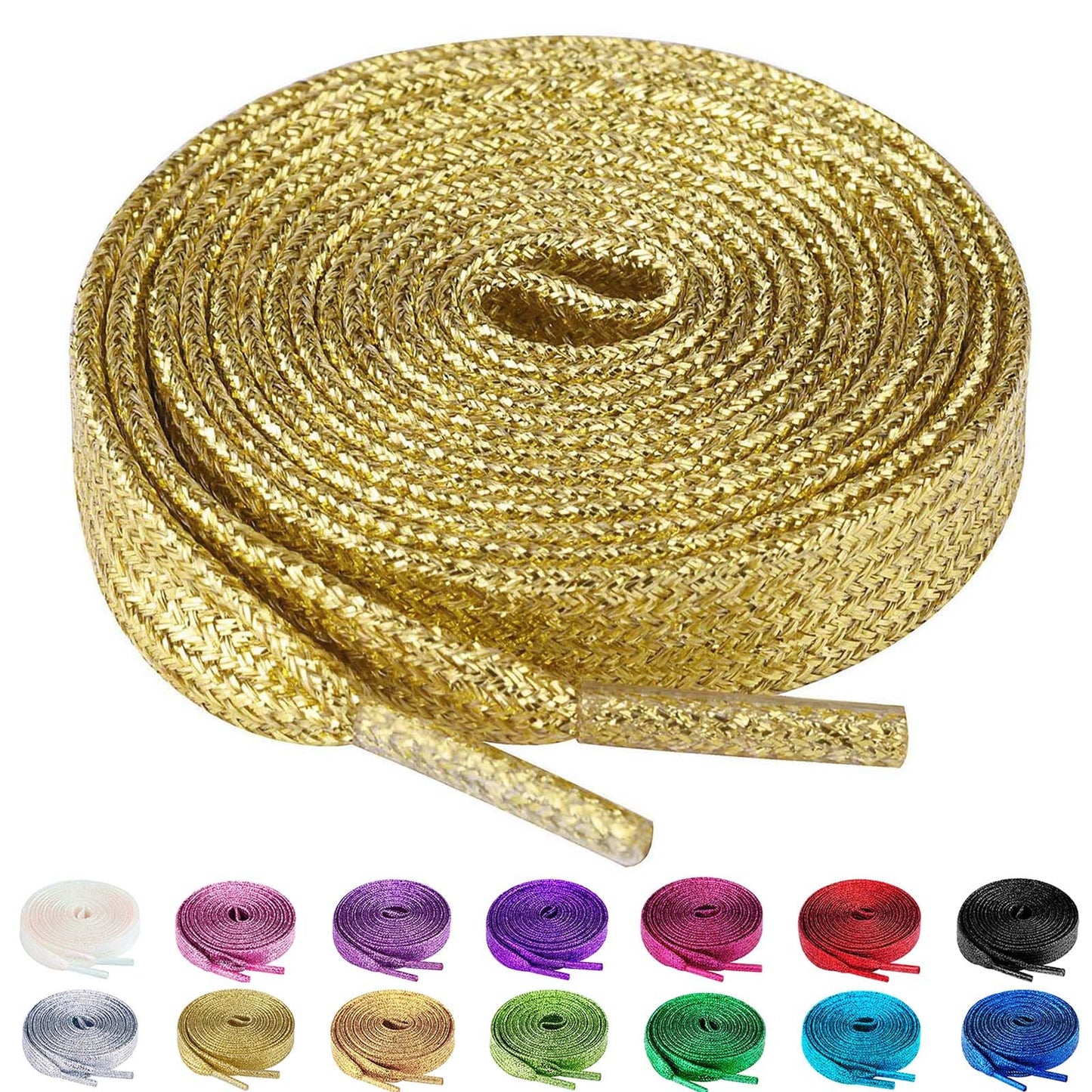 Olukssck 2 Pairs Flat Glitter Shiny Metallic Shoe Laces for Sneakers, 2/5" Wide Sequin Athletic Shoelaces Light Gold 55 inch(140cm)