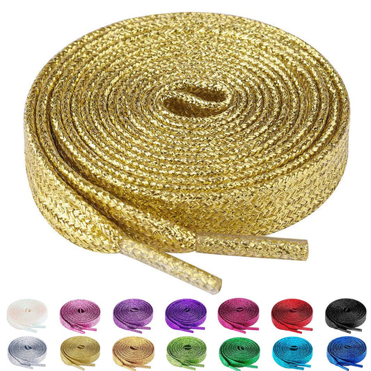 Olukssck 2 Pairs Flat Glitter Shiny Metallic Shoe Laces for Sneakers, 2/5" Wide Sequin Athletic Shoelaces Light Gold 55 inch(140cm)
