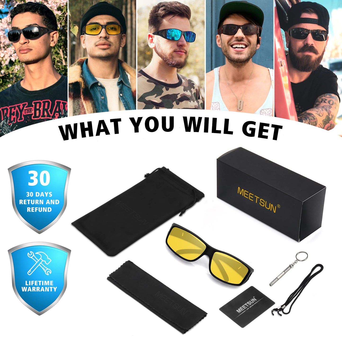 MEETSUN Fit Over Glasses Sunglasses for Men Women,Wrap Around Sunglasses Polarized UV400 Protection Black Frame-Night Vision Lens