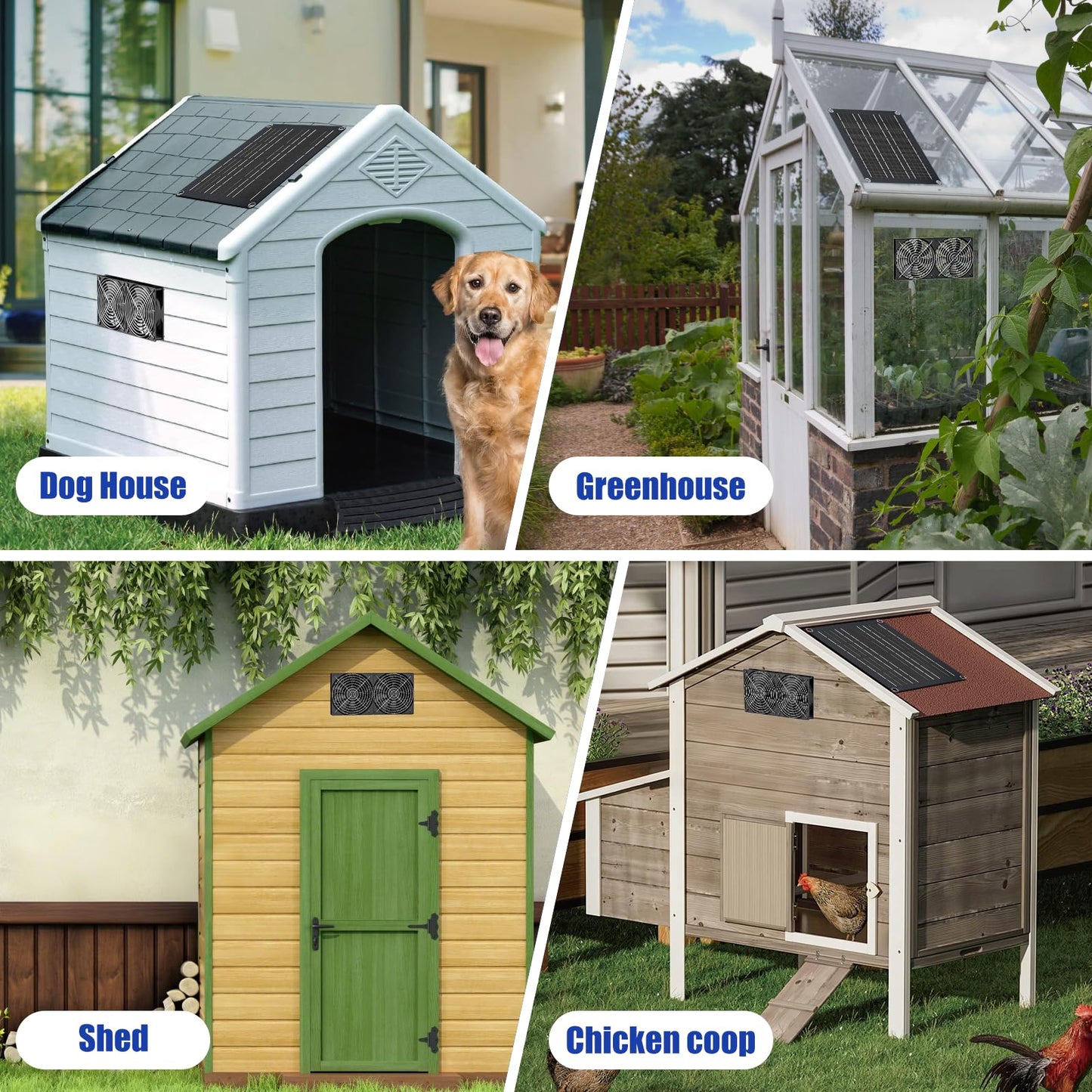 MARBERO 4.7 Inch Solar Powered Fan Kit, 15W Solar Panel with 2 Waterproof Fans, Intake or Exhaust Air Fan wtih 13 Ft Cable for Outside Backyard Chicken Coops, Greenhouses, Dog Houses, Pet Houses