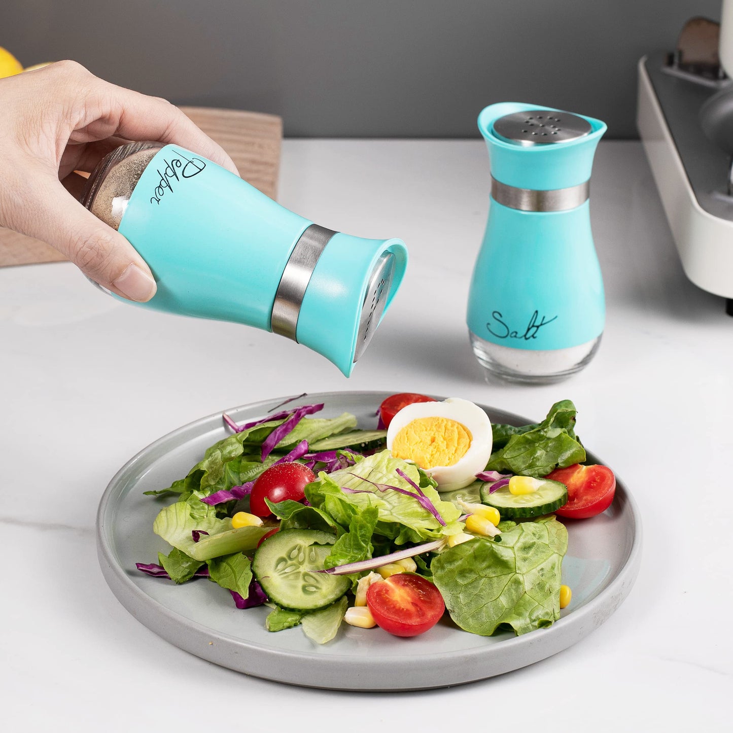 Lonffery Salt and Pepper Shakers, Stainless Steel and Glass Bottle, Set of 2, Turquoise