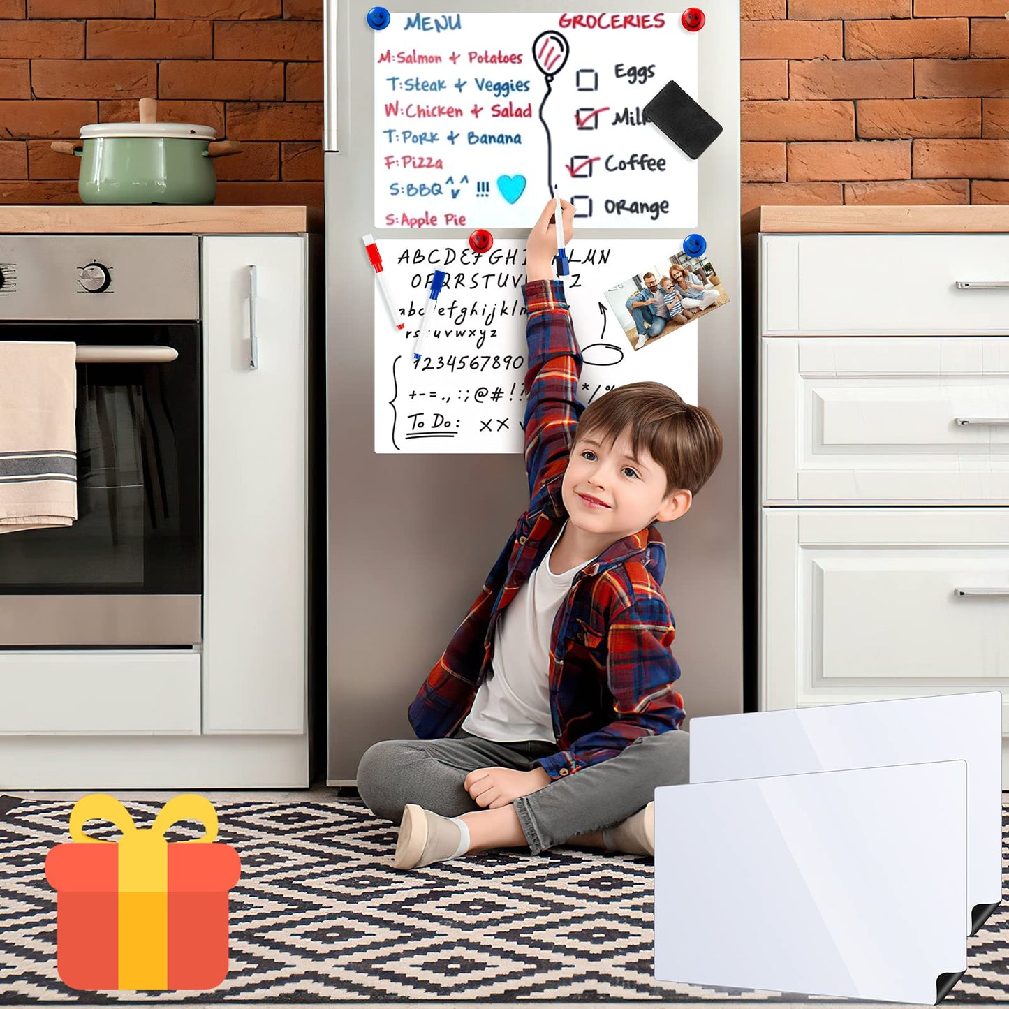 Magnetic Dry Erase White Boards for Refrigerator, 2 Pack 17”x12” Fridge Whiteboards Menu Organizer Boards, 3 Markers with Eraser, 1 Big Dry Eraser and 4 Pin Magnets for Grocery List, Planner, Kitchen