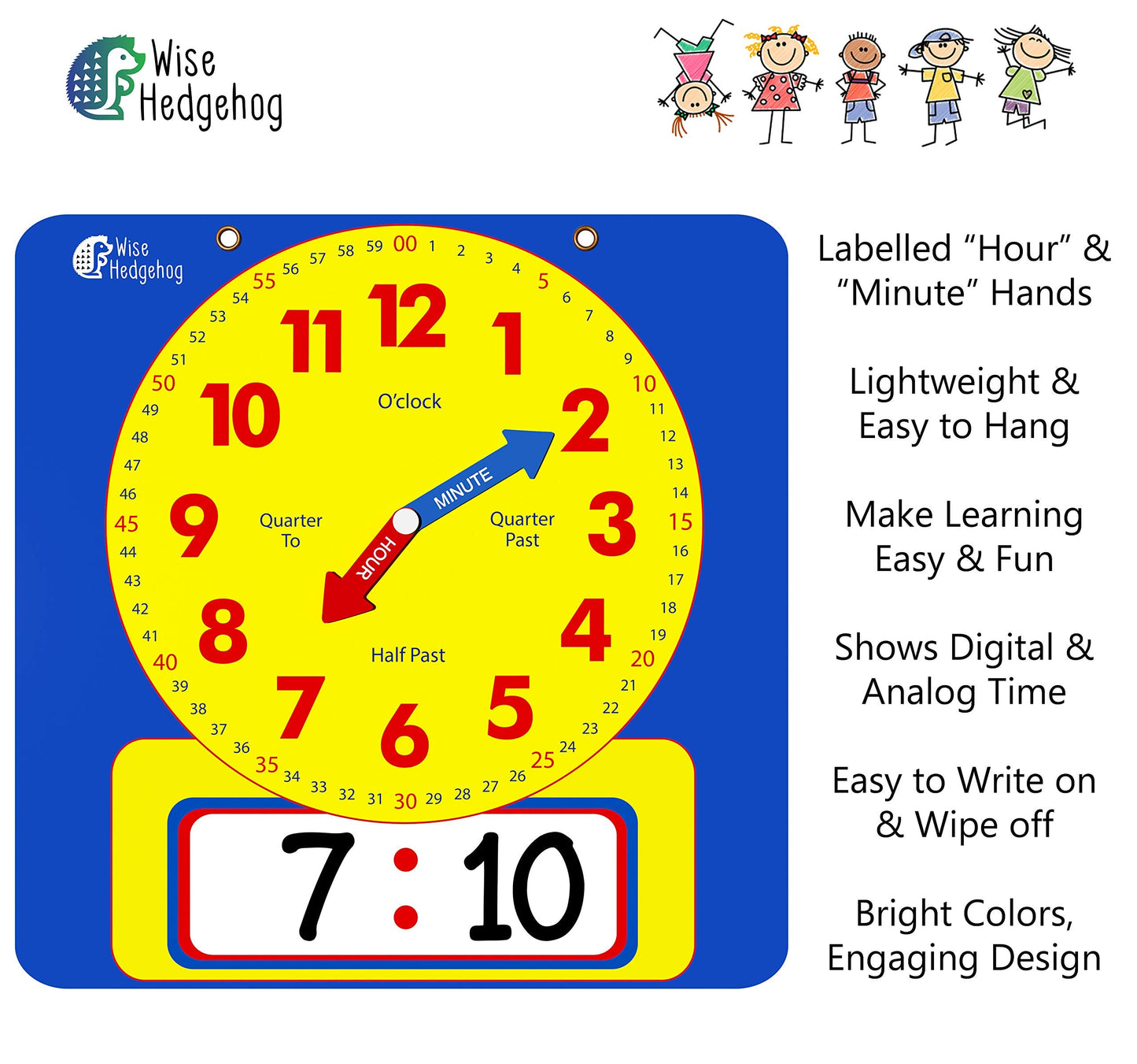 Large Dry Erase Magnetic Teaching Demonstration Clock, Kids Telling Time Learning Clock for Analog and Digital Time, Labelled Minute & Hour Hands, for School Classrooms & Homeschool Supplies