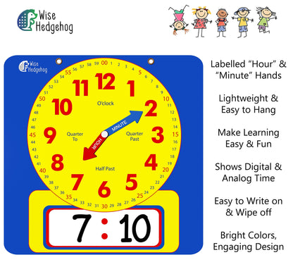Large Dry Erase Magnetic Teaching Demonstration Clock, Kids Telling Time Learning Clock for Analog and Digital Time, Labelled Minute & Hour Hands, for School Classrooms & Homeschool Supplies