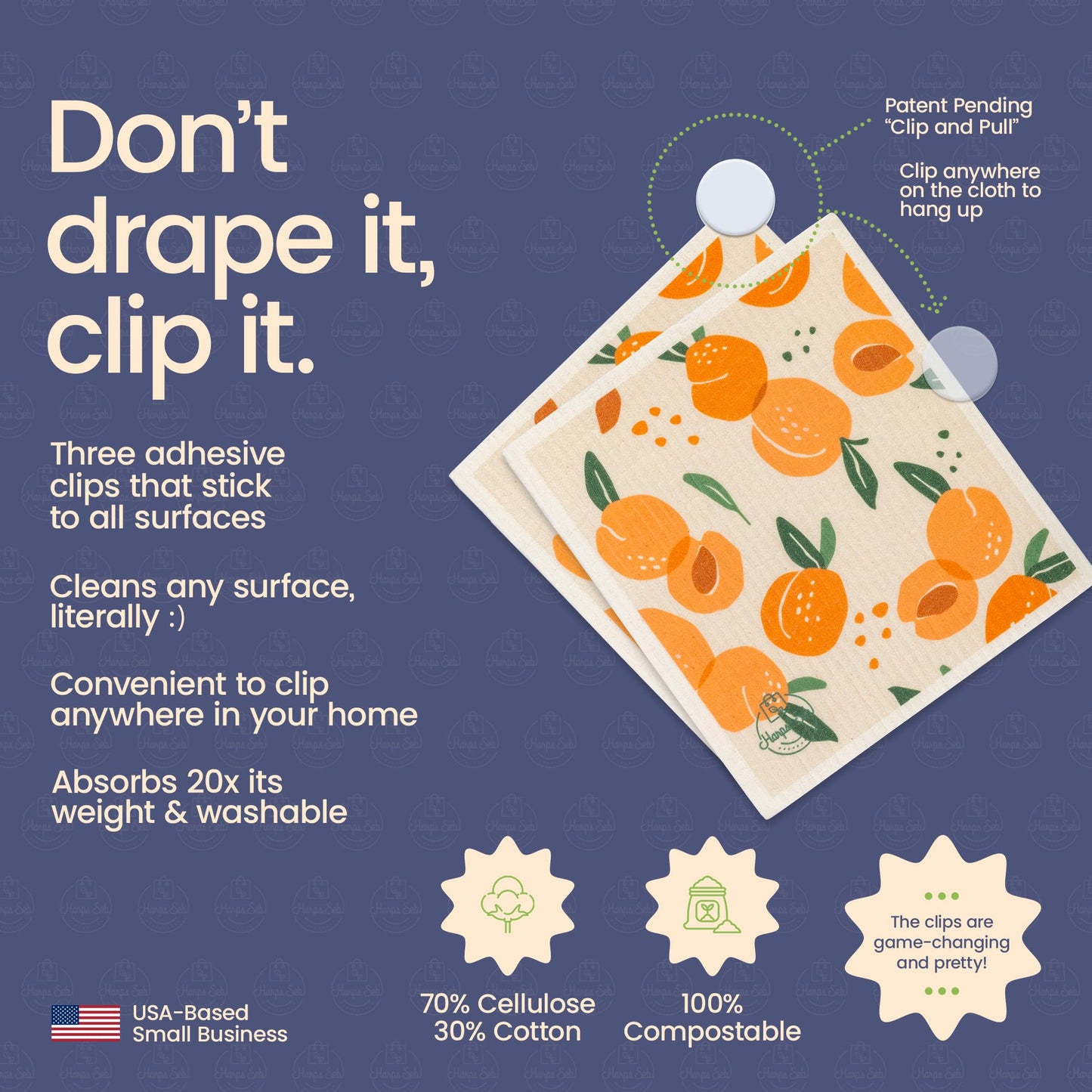 Harps&Seb Swedish Dishcloths for Kitchen Dishcloths - 6 Pack, Reusable Paper Towels with Clips, Super Absorbent Washable Non-Scratch Swedish Dish Towels, No Odor, Biodegradable