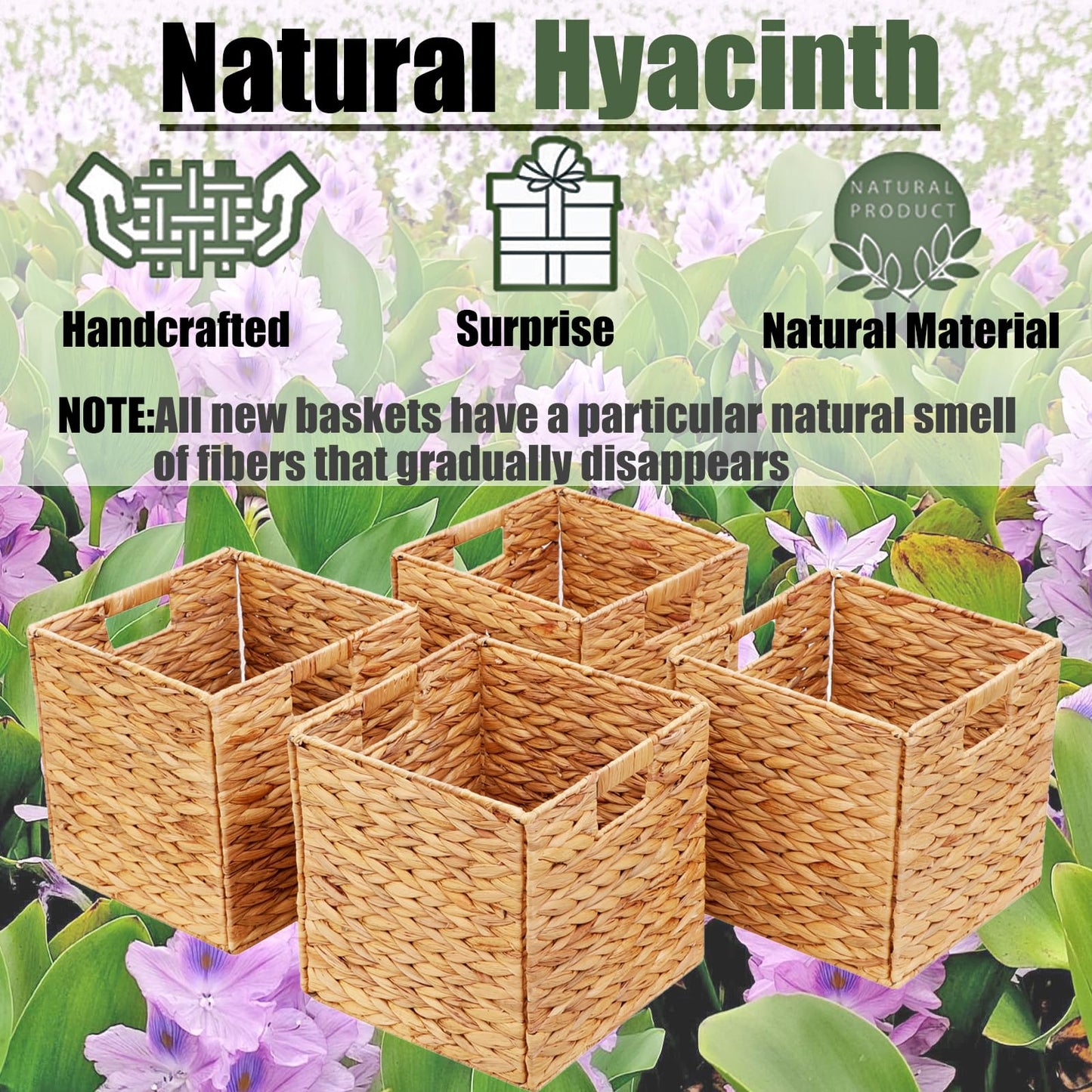 JGJCYO9 Storage Baskets 11x11inch Cube Baskets 4 pcs Baskets,Foldable Handwoven Water Hyacinth Laundry Organizer,Cube Storage Baskets