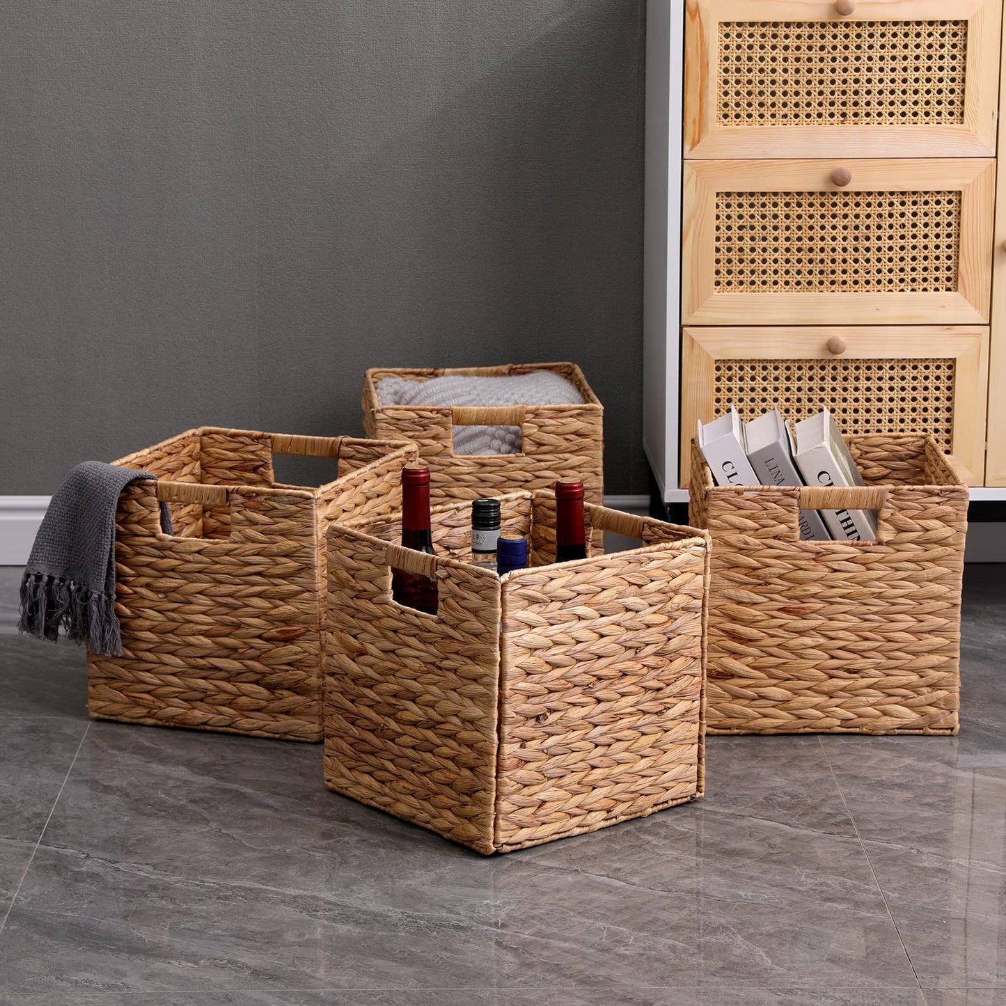JGJCYO9 Storage Baskets 11x11inch Cube Baskets 4 pcs Baskets,Foldable Handwoven Water Hyacinth Laundry Organizer,Cube Storage Baskets