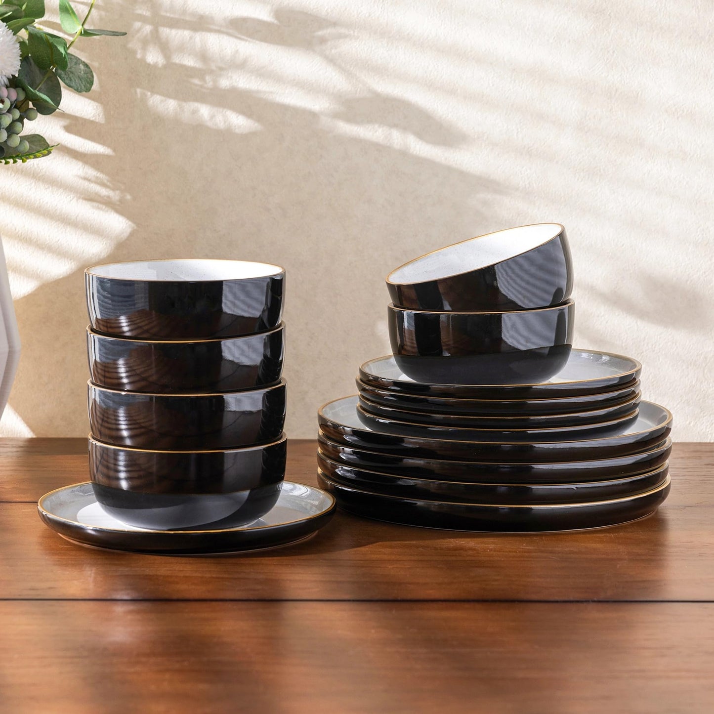 AmorArc Dinnerware Set - 12 Piece Ceramic Plates and Bowls, Stoneware Plates Handpainted, Dishwasher & Microwave Safe (Speckled Black & White, Service for 4)