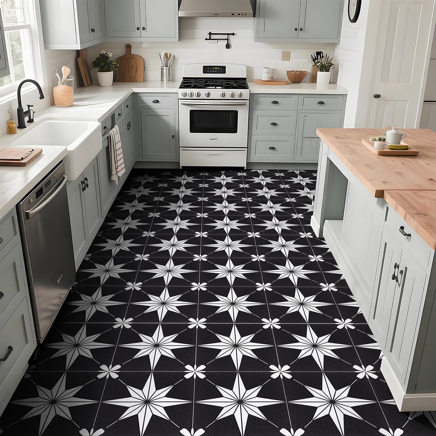 RomDeco Peel and Stick Floor Tiles: 10pc 11.81 * 11.81in Waterproof Vinyl Flooring Black and White, Easy to Install Self-Adhesive Tile Sticker for Bathroom, Kitchen, and Bedroom
