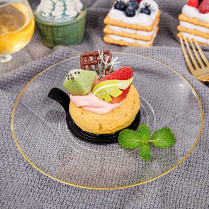 Nervure 100Pieces Clear and Gold Rim Plastic Plates - 7.5inch Disposabl Salad Dessert Plate - Clear and Gold Party Plates Ideal for Wedding & Party