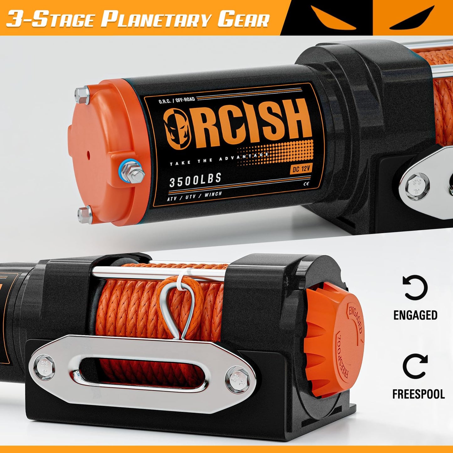 ORCISH Upgrade 3500 lb 12V DC Electric Winch, ATV/UTV Winch Kit for Towing, 1/4"×30' Synthetic Rope with Both Wireless Handheld Remote and Corded Control Recovery, Easy Assembly Winches