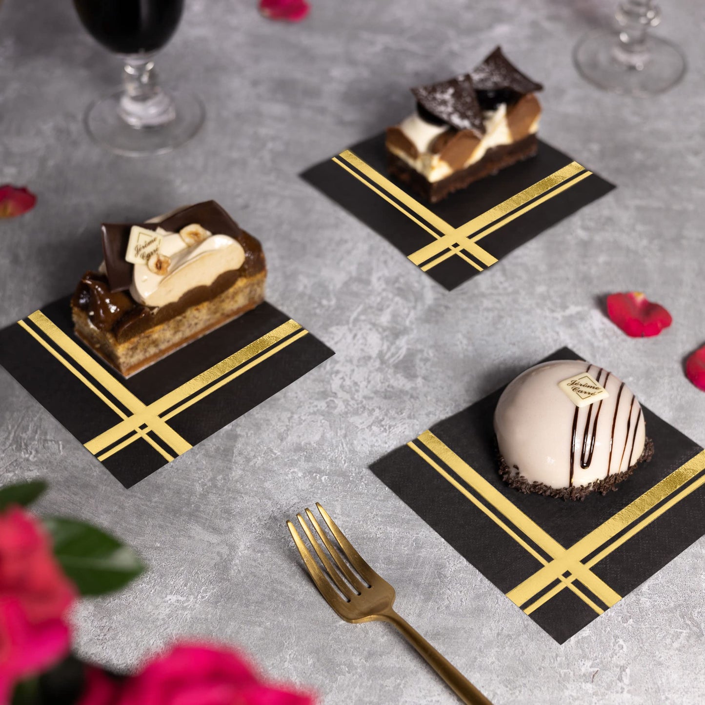 Fanxyware Gold on Black Cocktail Napkins - 100 Pack, 5" x 5", 3-Ply Paper - Style Name: Blissful Crossing