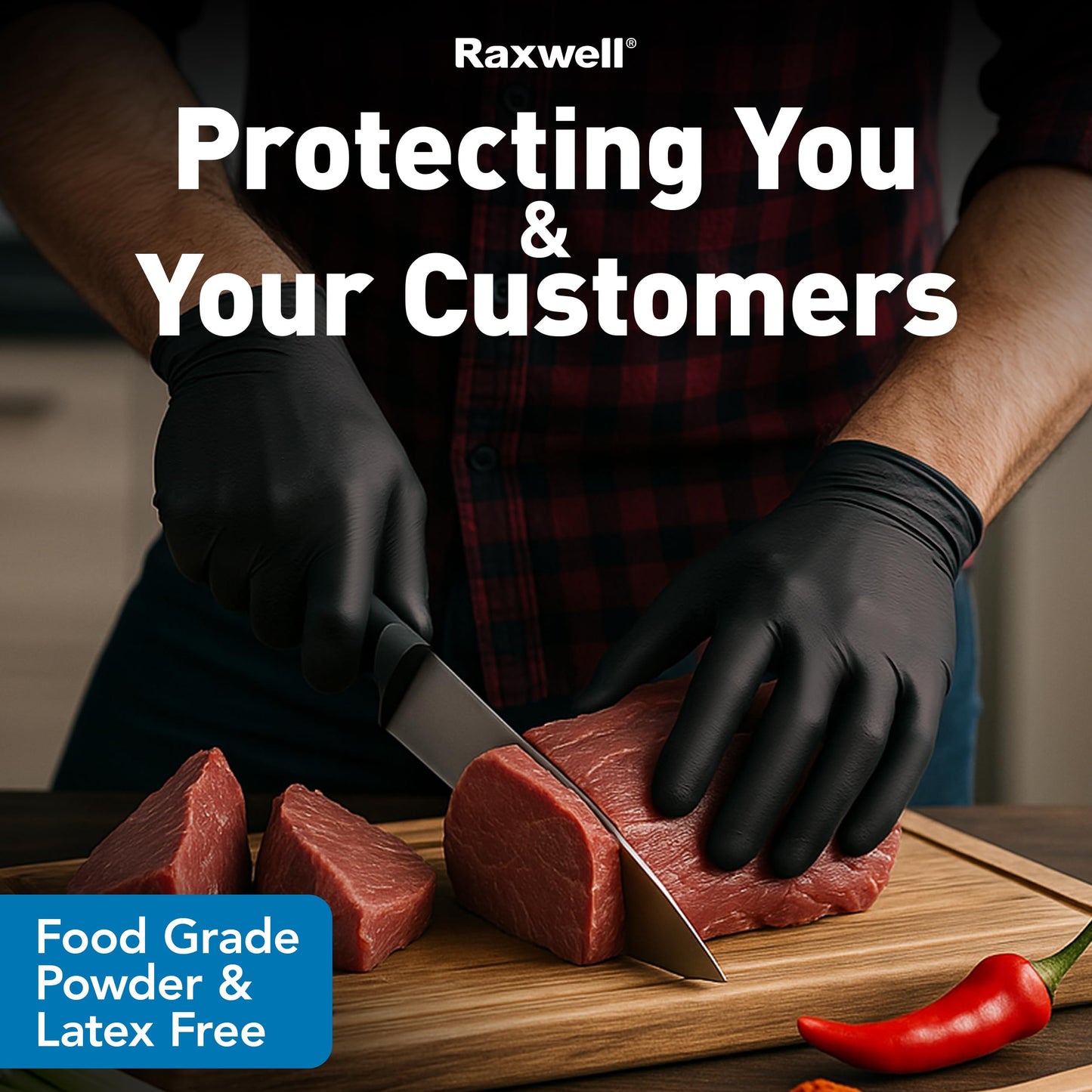 Raxwell Heavy Duty Disposable Gloves Latex Free | 6.5 Mil Black Nitrile Gloves Large | 100 Count Powder Free & Chemical Resistant | Food Grade, Food Safe | For Janitors, Kitchens, Mechanics & More