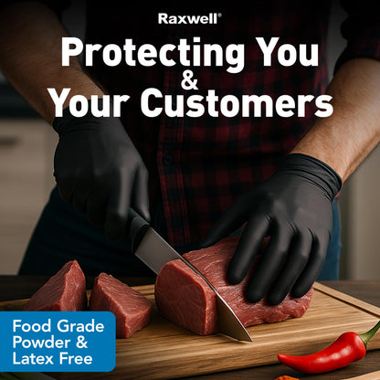 Raxwell Heavy Duty Disposable Gloves Latex Free | 6.5 Mil Black Nitrile Gloves Large | 100 Count Powder Free & Chemical Resistant | Food Grade, Food Safe | For Janitors, Kitchens, Mechanics & More