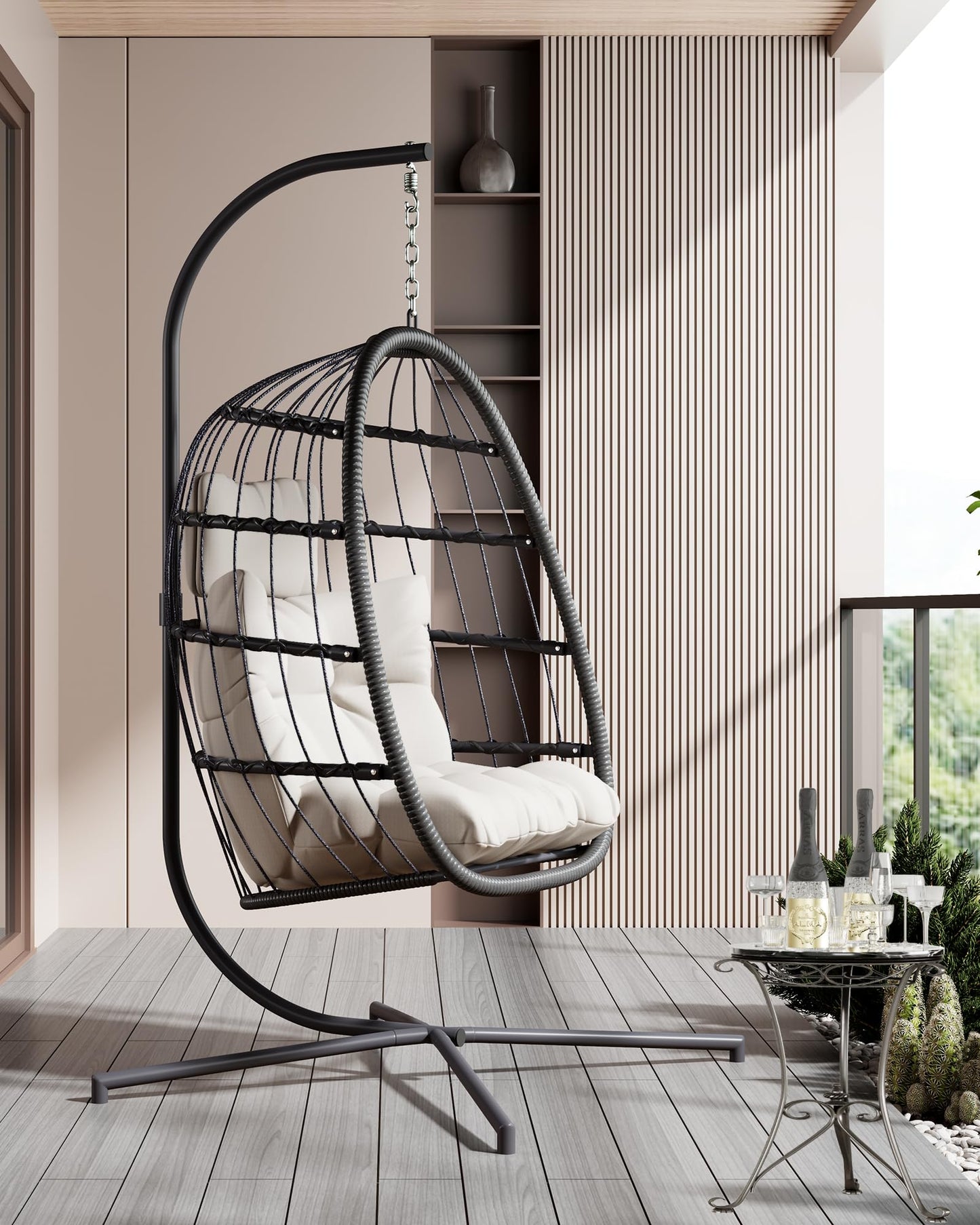 HWB Hanging Egg Chair with Stand, Patio Wicker Hammock Egg Swing Chair with Cushion for Bedroom Garden Indoor Outdoor (Beige)