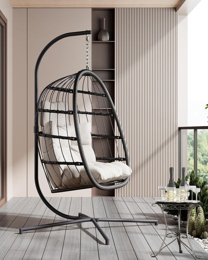 HWB Hanging Egg Chair with Stand, Patio Wicker Hammock Egg Swing Chair with Cushion for Bedroom Garden Indoor Outdoor (Beige)