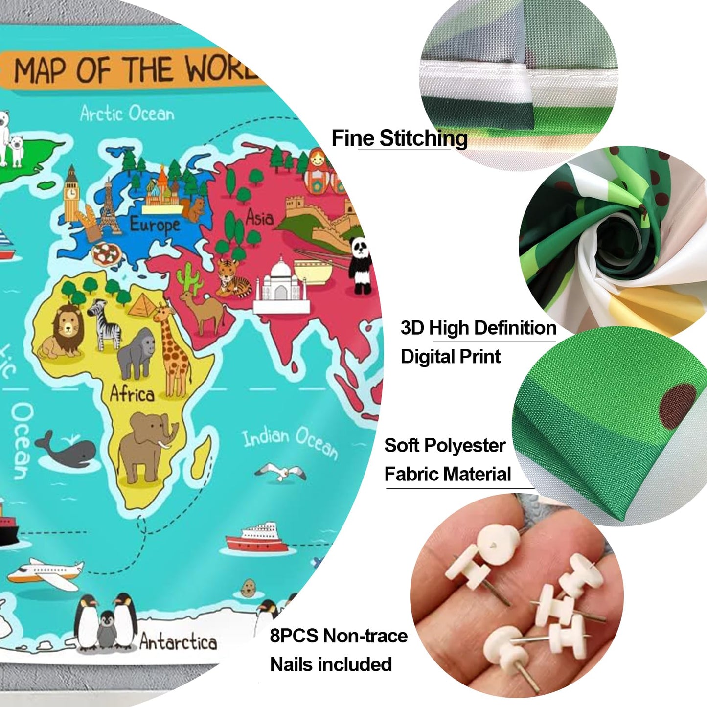 Kids Map Tapestry,Cartoon Animal Landmark Building Educational Geography World Map Wall Hanging,Wall Blankets for Classroom Home Dorm Living Room Bedroom Decor 90X70 in