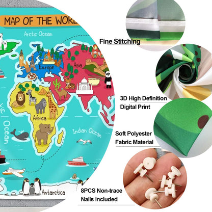 Kids Map Tapestry,Cartoon Animal Landmark Building Educational Geography World Map Wall Hanging,Wall Blankets for Classroom Home Dorm Living Room Bedroom Decor 90X70 in