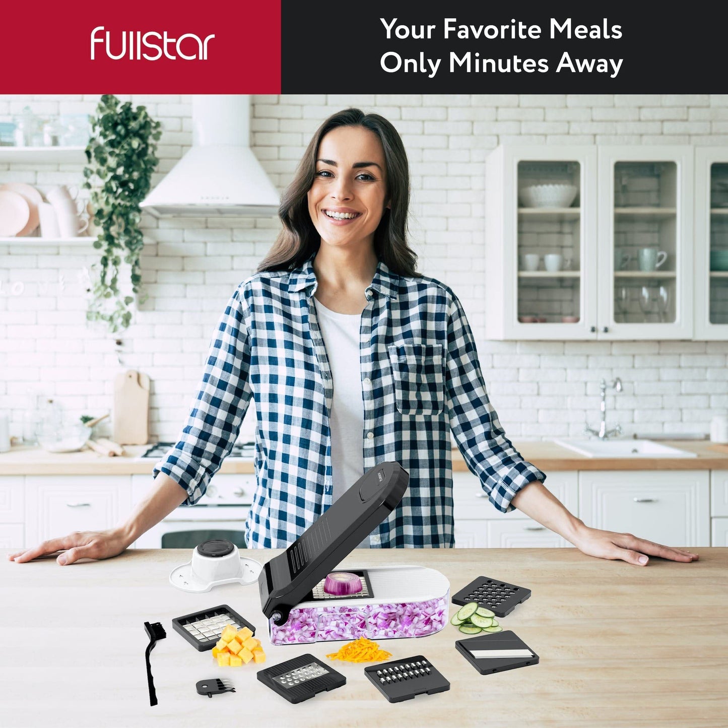 Fullstar Mandoline Slicer for Kitchen - Vegetable Chopper, Onion Potato Food Veggie Fruit Slicer and Cutter with Container, Kitchen Gadgets & Accessories, Home Essentials (6-in-1, White/Black)