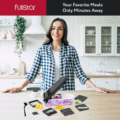 Fullstar Mandoline Slicer for Kitchen - Vegetable Chopper, Onion Potato Food Veggie Fruit Slicer and Cutter with Container, Kitchen Gadgets & Accessories, Home Essentials (6-in-1, White/Black)