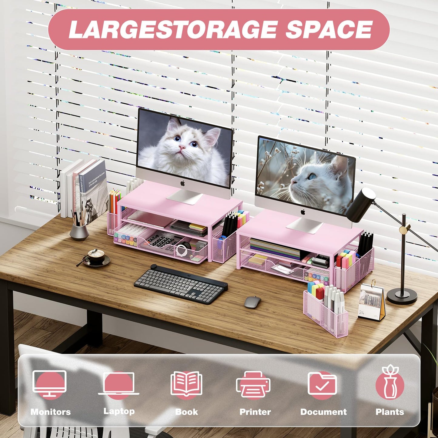 OPNICE Desk Organizers and Accessories, 2-Tier Computer Monitor Stand Riser with Drawer and 2 Pen Holders, Laptop Stand, Office Desk Accessories for Office Supplies, Pink