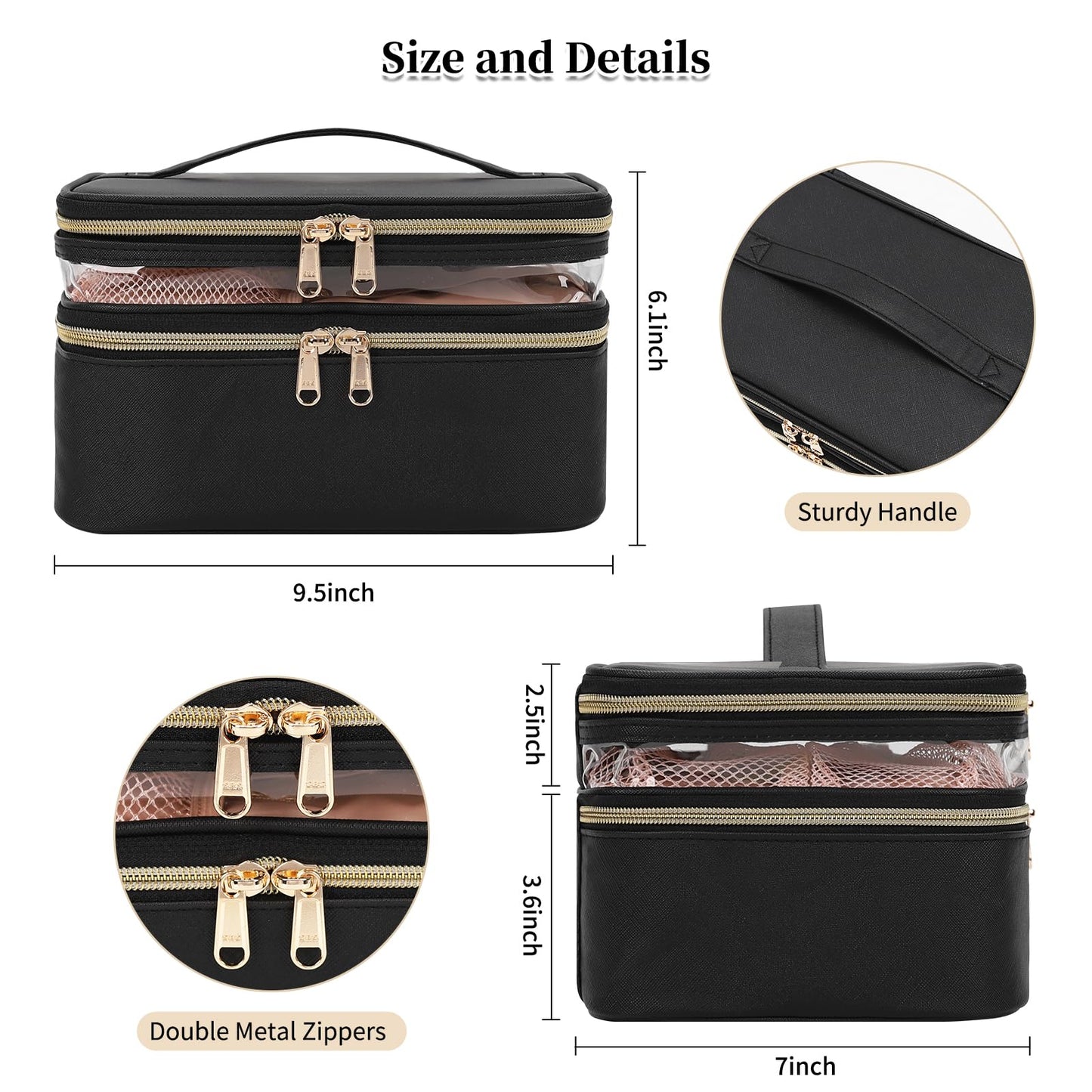 OCHEAL Makeup Bag, Double Layer Cosmetic Bag, Large Capacity Travel Makeup Organizer Bag, Make up Bags for Women and Girls Traveling Toiletry Bag With Handle and Divider-Black